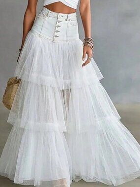 White Casual Women's Tiered Tulle Maxi Skirt with Button Front Mesh Detail